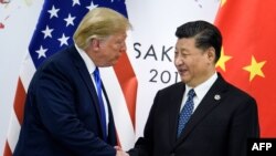 资料照:美国时任总统特朗普与中国领导人习近平2019年6月在大阪举行的G20峰会上握手。