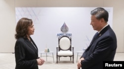 U.S. Vice President Kamala Harris greets China's President Xi Jinping before the APEC Leaders' Retreat in Bangkok, Thailand, Nov. 19, 2022. (The White House/Handout via Reuters)