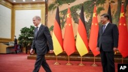 中国国家主席习近平在北京人大会堂会晤到访的德国总理朔尔茨。(2022年11月4日)