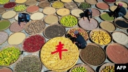 资料照片:中国山东省临沂市的农民在收获季节晾晒农作物。