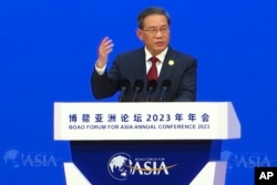 中国总理李强在海南省举办的博鳌亚洲论坛2023年年会开幕式上讲话。(2023年3月30日)