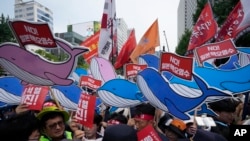 2023年7月6日,韩国首尔,韩国工会联合会成员在反对日本政府排放福岛核电站处理过的放射性水的决定集会上与警察发生冲突。