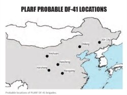 东风-41可能的部署地点,这是中国火箭军现有库存中最新最先进的洲际弹道导弹,可将最多3枚弹头发射到超过13000公里外的目标,可瞄准美国东海岸(source: "People’s Liberation Army Rocket Force Order of Battle 2023"截图)