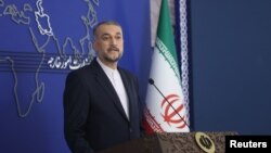 FILE - Iranian Foreign Minister Hossein Amirabdollahian speaks during a press conference after the second 3+3 Regional platform summit in Tehran, Oct. 23, 2023. (WANA via Reuters)
