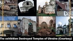 Понівечені Росією церкви, монастирі, мечеті й синагоги демонструють, наскільки цинічним є її вторгнення в Україну, наголосили у Вашингтоні під час відкриття виставки “Зруйновані храми України”. Ілюстрація надана організаторами виставки.