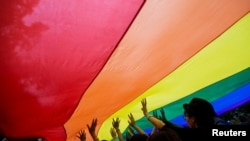 资料照片: 2014年11月8日在香港举行的LGBTQ+骄傲游行中的参与者举着巨大的彩虹旗。(路透社照片)