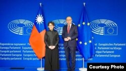 台湾当选副总统萧美琴(左)与欧洲议会第一副议长奥特马·卡拉斯会面。(2024年3月,台湾外交部提供)