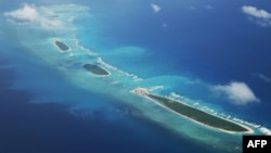 资料照片:南中国海斯普拉特利群岛七连屿的鸟瞰图。(2018年8月10日)