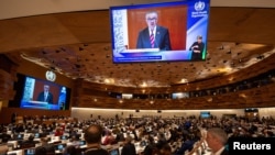 世界卫生组织总干事谭德塞(Tedros Adhanom Ghebreyesus)在日内瓦举行的每年一度的世界卫生大会上讲话。(2024年5月27日)