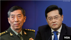 中国官媒报道,中国国防部长李尚福(左)被免除职务,前外交部长秦刚(右)的国务委员职务也被免除。(2023年10月24日)
