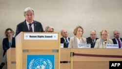 联合国秘书长古特雷斯在日内瓦人权理事会上讲话。(2023年2月27日)
