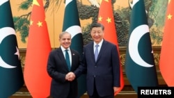 资料照片:中国国家主席习近平在北京人民大会堂同巴基斯坦总理谢里夫握手。(2024年6月7日)