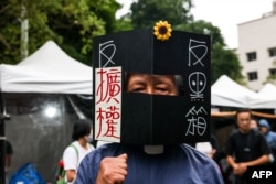 台湾立法院就改革草案举行投票之际,支持民进党反对国会改革法案的抗议民众聚集在立法院外。(2024年5月28日)