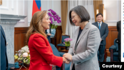 2024年4月24日,台湾总统蔡英文在台北会晤到访的美国会众议院跨党派议员访问团,与众议员麦卡琳(Lisa McClain)握手。(图片来自蔡英文推特)