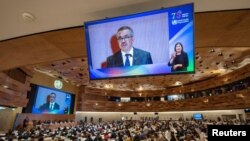 世界卫生组织总干事谭德塞(Tedros Adhanom Ghebreyesus)在日内瓦举行的每年一度的世界卫生大会上讲话。(2023年5月21日)