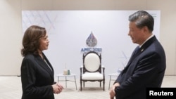 美国副总统哈里斯在泰国曼谷举行的亚太经合组织(APEC)领导人会议召开前与中国领导人习近平简短会面。(2022年11月19日)