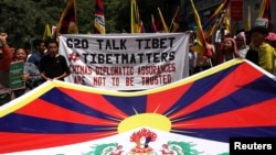 在新德里举办G20峰会前夕印度的藏人社区在其藏人居住地满久哲拉集会抗议中国政府。(2023年9月8日)