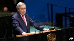 联合国秘书长古铁雷斯在联合国大会关于乌克兰局势的紧急会议上讲话。(2023年2月22日)