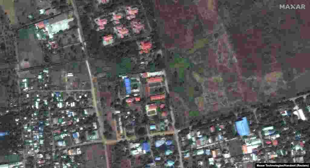 အင်အားပြင်ဆိုင်ကလုံး"မိုခါ" မဝင်ရောက်မီနဲ့ ဝင်ရောက်အပြီး ရခိုင်ပြည်နယ် စစ်တွေမြို့က အဆောက်အဦတချို့ကို ဝေဟင်မှတွေ့ရစဉ် (ဖေဖော်ဝါရီ ၁၇ > မေ ၁၅၊ ၂၀၂၃)