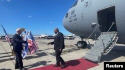 U.S. Defence Secretary Lloyd Austin is greeted by Israeli Defence Minister Yoav Gallant at Ben Gurion Airport, Israel, March 9, 2023.