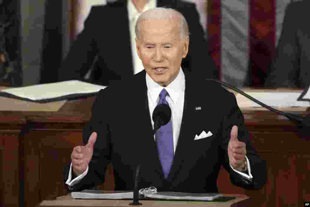 သမ္မတ Joe Biden အမေရိကန်လွှတ်တော်မှာ နိုင်ငံတော်အခြေပြမိန့်ခွန်းပြောကြားစဥ်။ (မတ်လ ၇၊ ၂၀၂၄)  
