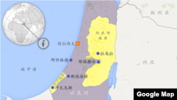 以色列、加沙地带、约旦河西岸诸城市地图: 拉马拉、斯德洛特、特拉维夫、耶路撒冷、汗尤尼斯和阿什杜德