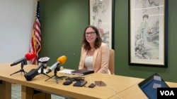 美国在台协会理事主席劳拉·罗森伯格在华盛顿附近总部举行媒体圆桌会。(2023年7月6日,美国之音锺辰芳拍摄)