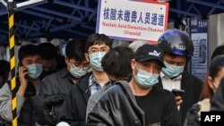 3月11号,人们在上海静安区中心医院排队等待核酸检测。