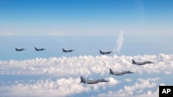 日本和美国战斗机2022年5月25日在日本海上空联合巡航。(美联社转自日本自卫队照片)