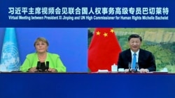中共官媒新华社发布照片显示,联合国人权事务高级专业巴切莱特与中国领导人习近平举行线上会面。(2022年5月25日)