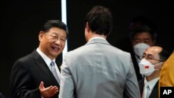 2022年11月26日,习近平在印尼巴厘岛出席G20特别峰会时,同加拿大总理特鲁多交谈。