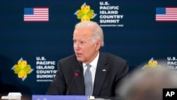 拜登总统在华盛顿国务院举行的首届美国-太平洋岛国峰会上发表讲话。(2022年9月29日)