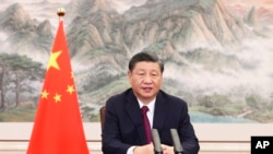 中国新华社发布的照片显示,2022年4月21日星期四,中国国家主席习近平在海南省博鳌举行的博鳌亚洲论坛开幕式上发表视频讲话。