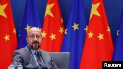 欧洲理事会主席米歇尔在布鲁塞尔出席欧盟中国视频峰会(2022年4月1日)