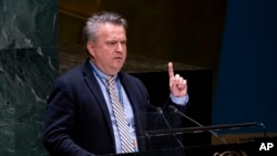Постійний представник України при ООН Сергій Кислиця виступає на Генеральній Асамблеї ООН. 7 квітня 2022 р.