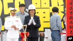 台湾总统蔡英文2019年9月出席潜舰国造专案厂房动工典礼。(美联社)