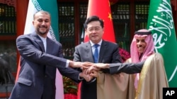 中国今年帮助沙特阿拉伯和伊朗达成了和平协议,当时秦刚仍然是中国外交部长。(资料照片,2023年4月6日)