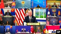 资料照:2021年10月27日,美国总统拜登在东盟和东亚峰会上发言。