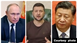 俄罗斯总统普京(左),乌克兰总统泽连斯基(中),中国领导人习近平