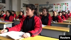 中国政府组织的对新疆喀什的参访中喀什居民在职业教育中心学习中文。(2019年1月4日)