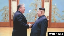 2018年复活节周末,美国中央情报局长迈克·蓬佩奥在平壤同朝鲜领导人金正恩握手(白宫照片)