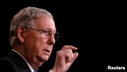 美国参议院多数党领袖米奇·麦康奈尔在国会山对记者讲话。(资料照片)