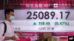 一名戴着口罩的男子走过显示香港股票指数的电子板。(2020年7月20日)