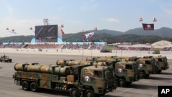 韩国“玄武-3”巡航导弹在建军65周年阅兵式上亮相。(2013年10月1日)