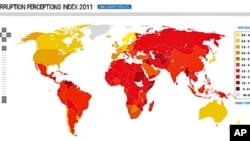 国际透明组织“2011世界各国腐败印象指数报告”截图。地图上纯黄色的国家最清廉,深红色的国家最不清廉。