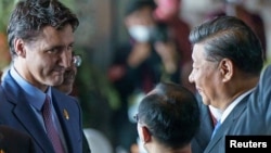 加拿大总理特鲁多与中国领导人习近平在巴厘岛举行的G20峰会上交谈。(2022年11月15日)
