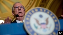 参议院多数党领袖肯塔基州的麦克康奈尔(Mitch McConnell)在华盛顿的国会山召开新闻发布会(2017年7月18日)