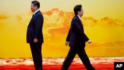 亚太经合组织峰会的欢迎仪式上,日本首相安倍(右)从中国国家主席习近平身边走过(资料照)