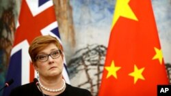 资料照:澳大利亚外长佩恩在北京国宾馆与中国外长王毅举行的一次记者会上听取记者提问。(2018年11月8日)