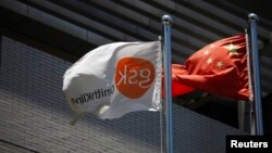 在葛兰素史克公司在上海的办公楼外,带有公司标徽的旗帜和中国国旗一起飘扬